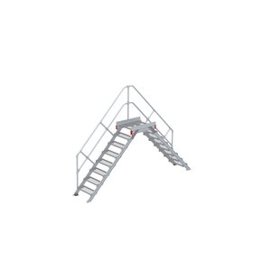 Euroline Überstieg 45 Grad, 600 mm Stufenbreite, 1 Treppen-/Podestgeländer, Stufenausführung Stahl – Gitterrost
