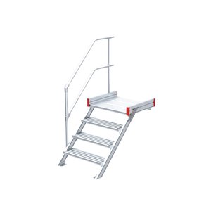 Euroline Podesttreppe 45 Grad, 1000 mm Stufenbreite, 1 Treppen-/Podestgeländer, Stufenausführung Alu – gerieft