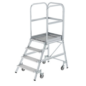 Günzburger Steigtechnik Podesttreppe einseitig begehbar mit Federrollen Stahl-Gitterrost