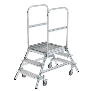 Günzburger Steigtechnik Podesttreppe beidseitig begehbar mit Federrollen Stahl Gitterrost