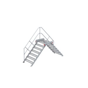 Euroline Überstieg 45 Grad, 1000 mm Stufenbreite, 1 Treppen-/Podestgeländer, Stufenausführung Stahl – Gitterrost 