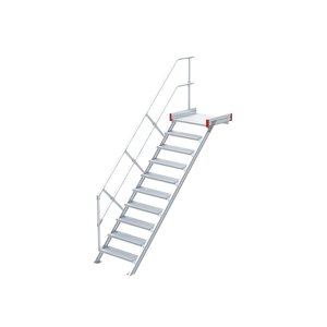 Euroline Podesttreppe 45 Grad, 800 mm Stufenbreite, 1 Treppen-/Podestgeländer, Stufenausführung Alu – gerieft