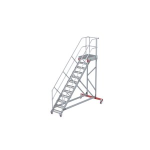 Euroline Wartungsbühne 45 Grad, 600 mm Stufenbreite, 2 Handläufe 3 Podestgel., Stufenausführung Stahl – Gitterrost 
