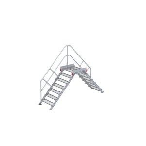 Euroline Überstieg 45 Grad, 800 mm Stufenbreite, 1 Treppen-/Podestgeländer, Stufenausführung Stahl – Gitterrost
