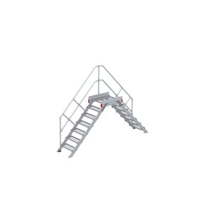 Euroline Überstieg 45 Grad, 600 mm Stufenbreite, 1 Treppen-/Podestgeländer, Stufenausführung Stahl – Gitterrost