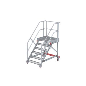 Euroline Wartungsbühne 45 Grad, 1000 mm Stufenbreite, 2 Handläufe 3 Podestgel., Stufenausführung Stahl – Gitterrost 