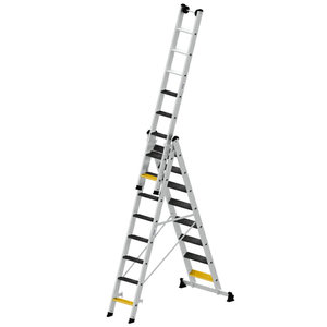 Günzburger Steigtechnik Stufen-Mehrzweckleiter 3-teilig mit nivello®-Traverse und clip-step R13