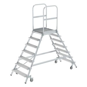 Günzburger Steigtechnik Podesttreppe beidseitig begehbar mit Federrollen Stahl Gitterrost
