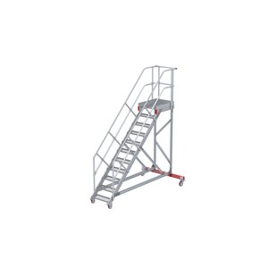 Euroline Wartungsbühne 45 Grad, 600 mm Stufenbreite, 2 Handläufe 3 Podestgel., Stufenausführung Stahl – Gitterrost 