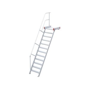 Euroline Podesttreppe 60 Grad, 800 mm Stufenbreite, 1 Treppen-/Podestgeländer, Stufenausführung Alu – gerieft