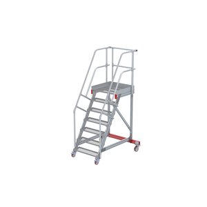 Euroline Wartungsbühne 60 Grad, 800 mm Stufenbreite, 2 Handläufe 3 Podestgel., Stufenausführung Stahl – Gitterrost 