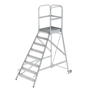 Günzburger Steigtechnik Podesttreppe eins. begehbar mit Rollen und Griffen Stahl-Gitterrost