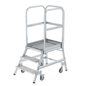 Günzburger Steigtechnik Podesttreppe einseitig begehbar mit Federrollen Stahl-Gitterrost