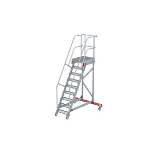 Euroline Wartungsbühne 60 Grad, 600 mm Stufenbreite, 2 Handläufe 3 Podestgel., Stufenausführung Stahl – Gitterrost 