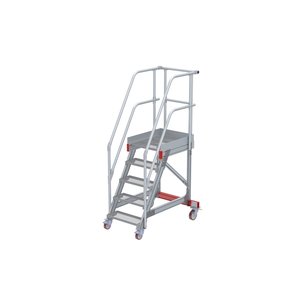 Euroline Wartungsbühne 60 Grad, 600 mm Stufenbreite, 2 Handläufe 3 Podestgel., Stufenausführung Stahl – Gitterrost 