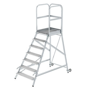 Günzburger Steigtechnik Podesttreppe eins. begehbar mit Rollen und Griffen Stahl-Gitterrost