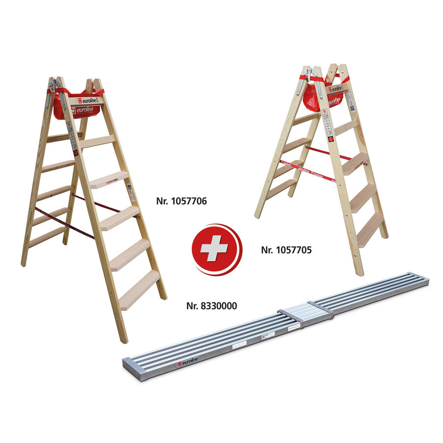 Euroline Leitern-Bühne Set ( 2x Holz-Comfort-Stufenstehleiter und 1x Vario-Alu-Bohle) AKTION TRBS 2121-2
