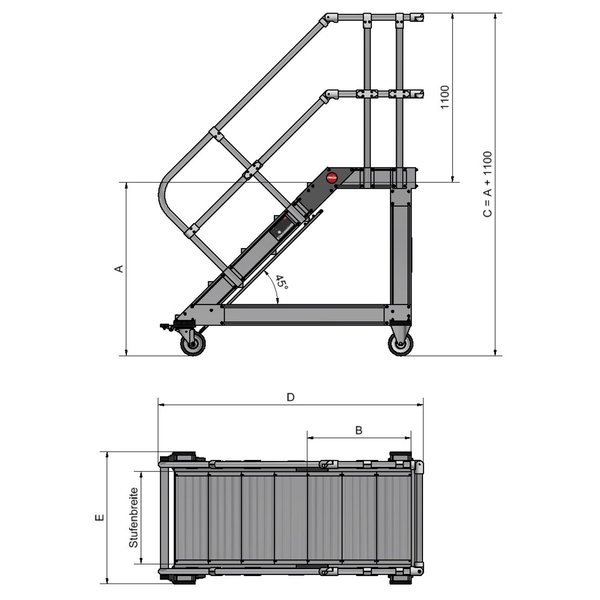 Hailo Professional Plattformtreppe fahrbar 45°, Stufenbreite 600 mm 3 Stufen