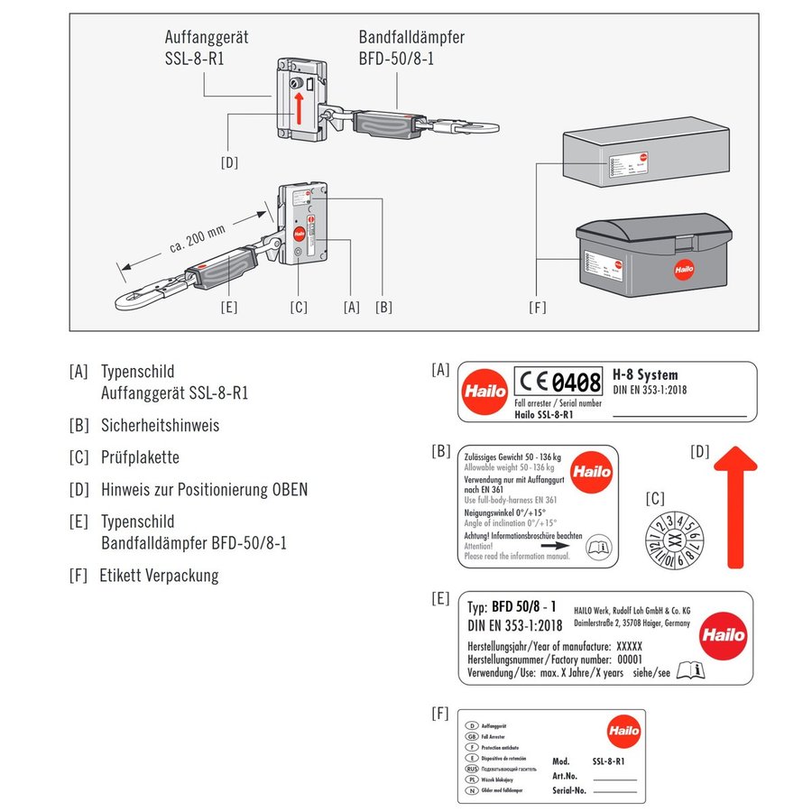 Hailo Professional Seilgeführtes mitlaufendes Auffanggerät SSL-8 R1 Mit Bandfalldämpfer BFD-50/8-1 und Toolbox