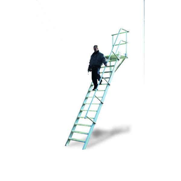 Euroline Podesttreppe 45 Grad, 800 mm Stufenbreite, 1 Treppen-/Podestgeländer, Stufenausführung Alu – gerieft 12 Stufen