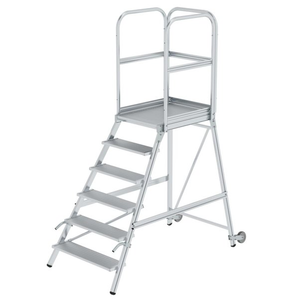 Günzburger Steigtechnik Podesttreppe einseitig begehbar mit Rollen und Griffen Aluminium geriffelt 6 Stufen