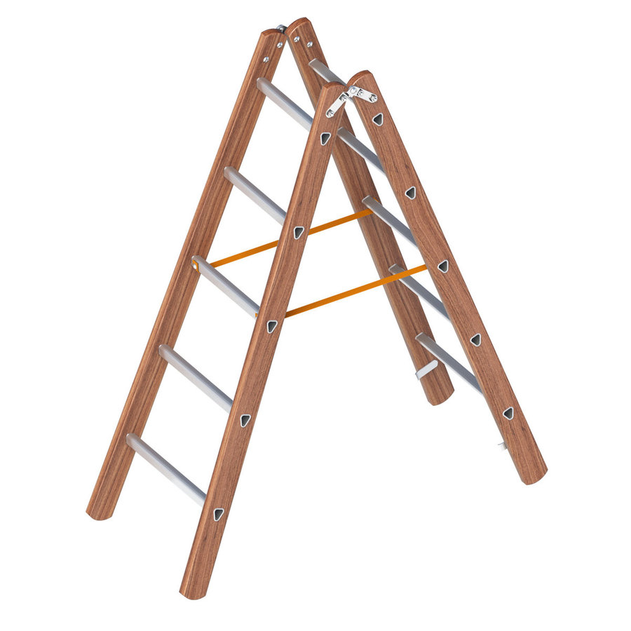 Layher Verbundstehleiter 5 Sprossen, Holz-Aluminium-Stehleiter 2x5 Sprossen, beidseitig begehbar, klappbar, Länge 1.55 m