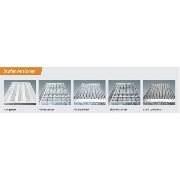 Euroline Treppe 60 Grad, 1000 mm Stufenbreite, 1 Handlauf, Stufenausführung Stahl - Gitterrost 5 Stufen