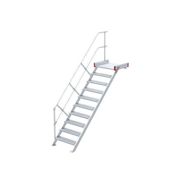 Euroline Podesttreppe 45 Grad, 1000 mm Stufenbreite, 1 Treppen-/Podestgeländer, Stufenausführung Alu – gerieft 10 Stufen