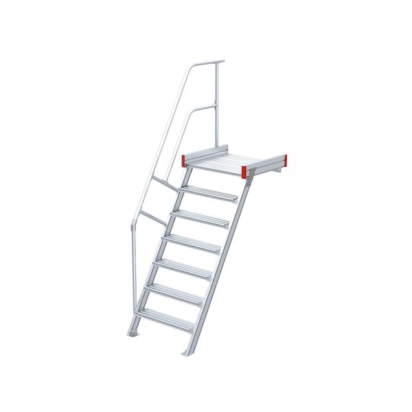 Euroline Podesttreppe 60 Grad, 800 mm Stufenbreite, 1 Treppen-/Podestgeländer, Stufenausführung Alu – gerieft 7 Stufen