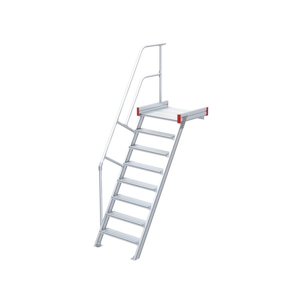 Euroline Podesttreppe 60 Grad, 800 mm Stufenbreite, 1 Treppen-/Podestgeländer, Stufenausführung Alu – gerieft 8 Stufen