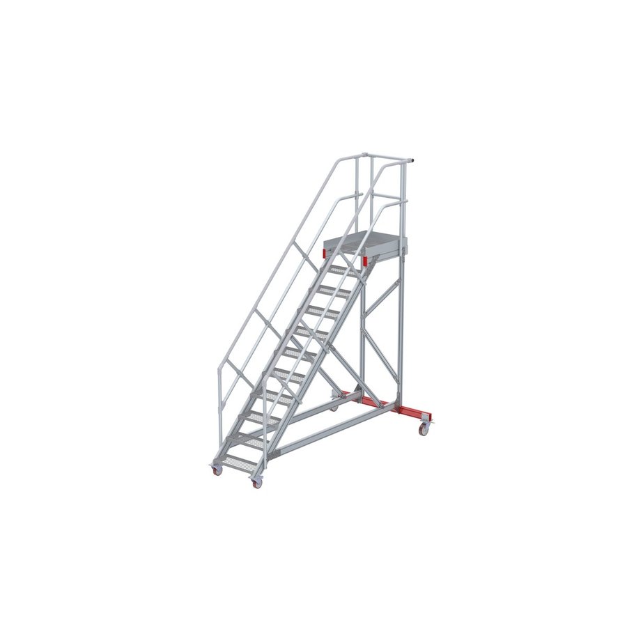 Euroline Wartungsbühne 45 Grad, 600 mm Stufenbreite, 2 Handläufe 3 Podestgel., Stufenausführung Stahl – Gitterrost  11 Stufen