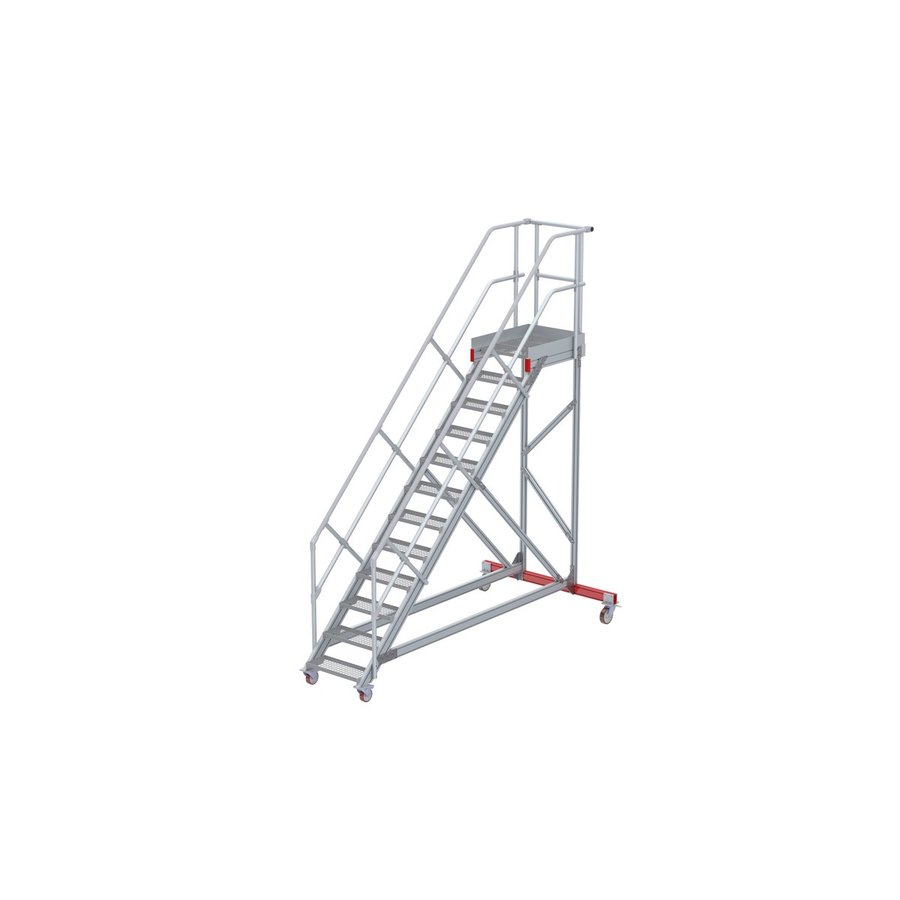 Euroline Wartungsbühne 45 Grad, 600 mm Stufenbreite, 2 Handläufe 3 Podestgel., Stufenausführung Stahl – Gitterrost  12 Stufen