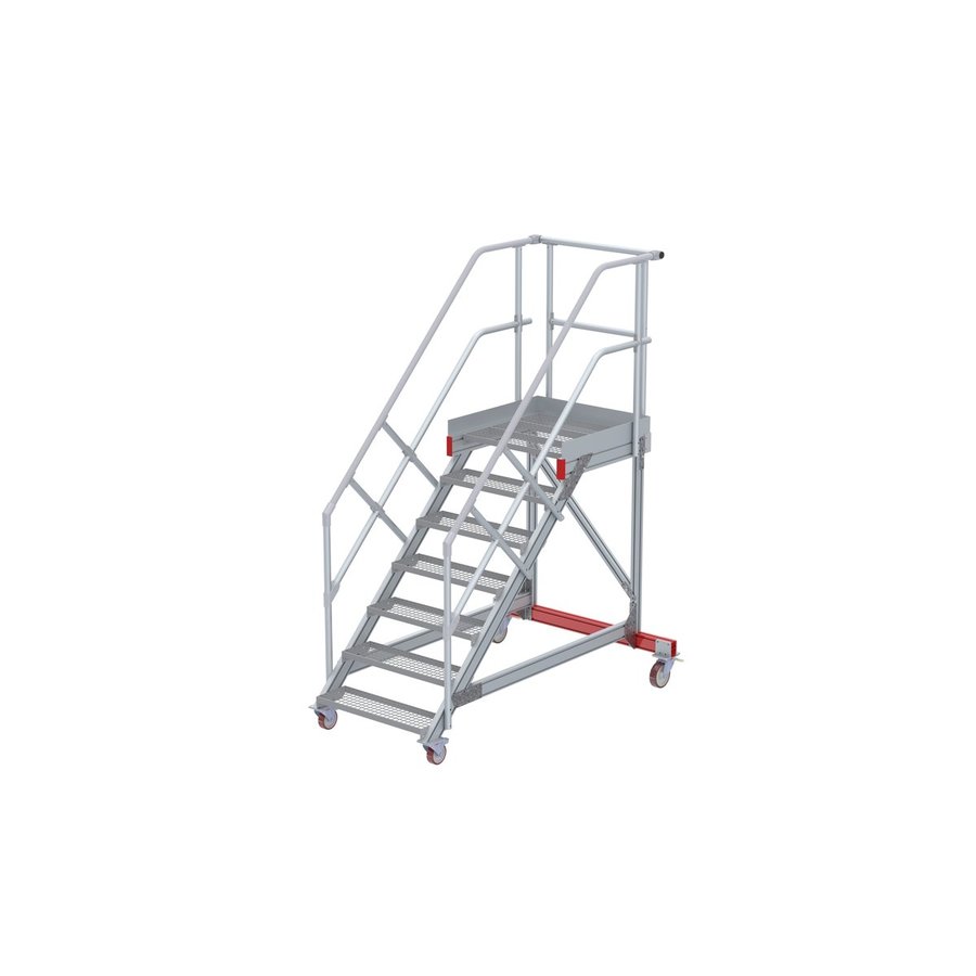 Euroline Wartungsbühne 45 Grad, 800 mm Stufenbreite, 2 Handläufe 3 Podestgel., Stufenausführung Stahl – Gitterrost  7 Stufen