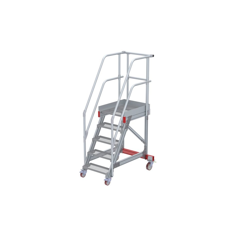 Euroline Wartungsbühne 60 Grad, 600 mm Stufenbreite, 2 Handläufe 3 Podestgel., Stufenausführung Stahl – Gitterrost  5 Stufen