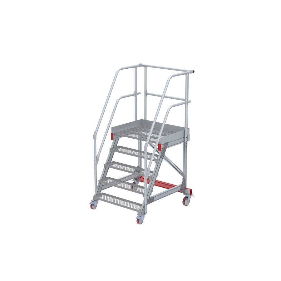 Euroline Wartungsbühne 60 Grad, 1000 mm Stufenbreite, 2 Handläufe 3 Podestgel., Stufenausführung Stahl – Gitterrost  5 Stufen