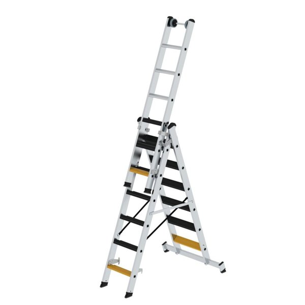 Günzburger Steigtechnik Stufen-Mehrzweckleiter 3-teilig mit nivello®-Traverse und clip-step R13 3x6 Stufen
