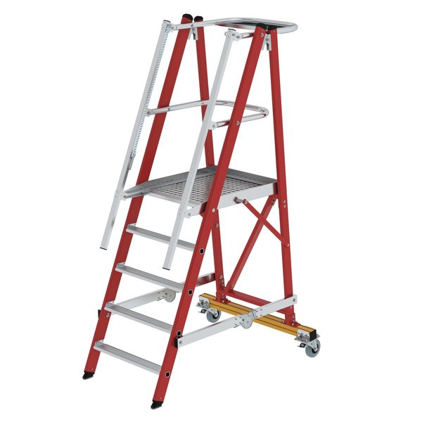 Günzburger Steigtechnik Plattformleiter GFK/Alu klappbar und fahrbar mit Aluminium-Handlauf 5 Stufen