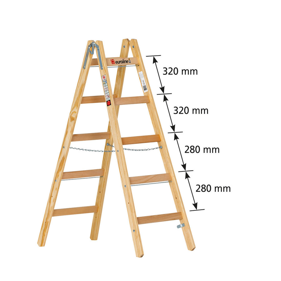 Euroline Holz-Sprossenstehleiter Nr. 12506 mit unterschiedlichem Sprossenabstand und  Eimerhaken 2x5