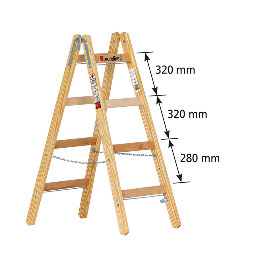 Euroline Holz-Sprossenstehleiter Nr. 12506 mit unterschiedlichem Sprossenabstand und  Eimerhaken 2x4