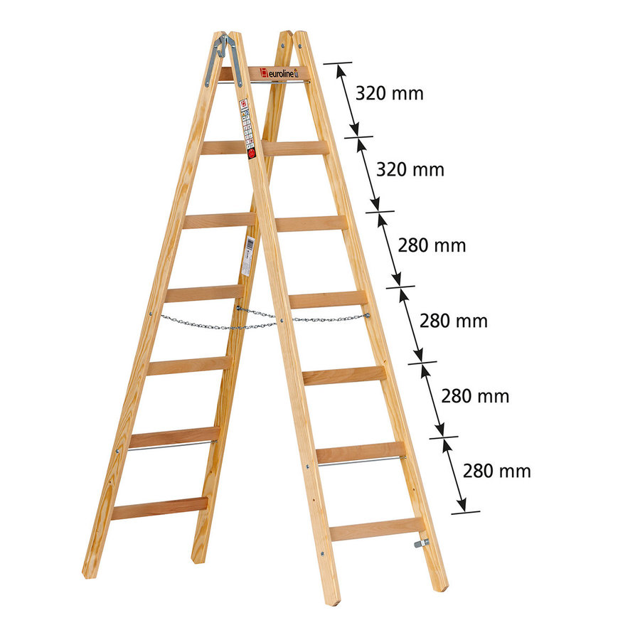Euroline Holz-Sprossenstehleiter Nr. 12506 mit unterschiedlichem Sprossenabstand und  Eimerhaken 2x7