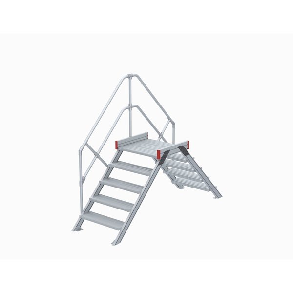 Euroline Überstieg 45 Grad, 600 mm Stufenbreite, 1 Treppen-/Podestgeländer, Stufenausführung Alu – gerieft 5 Stufen