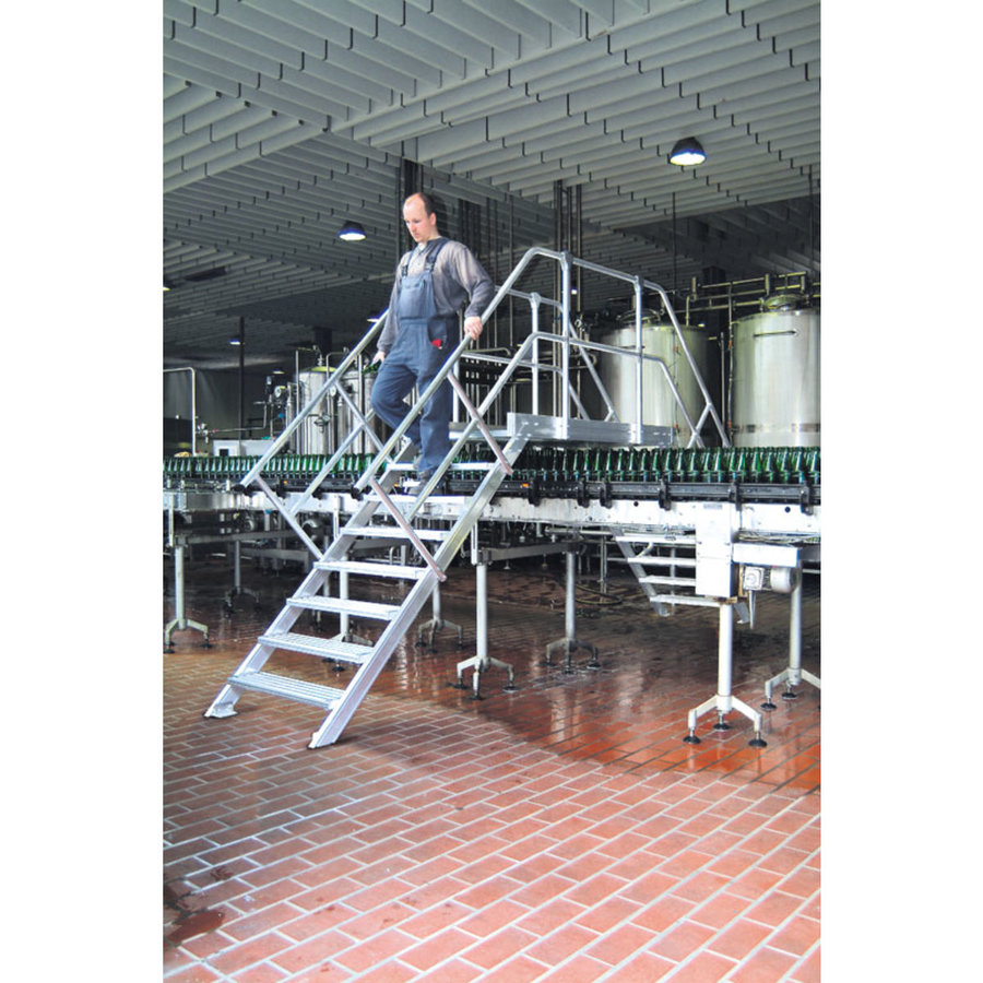 Euroline Überstieg 45 Grad, 600 mm Stufenbreite, 1 Treppen-/Podestgeländer, Stufenausführung Alu – gerieft 9 Stufen