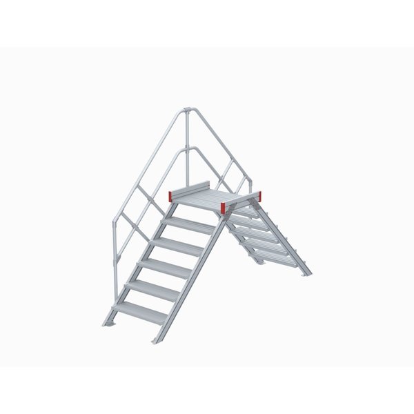 Euroline Überstieg 45 Grad, 800 mm Stufenbreite, 1 Treppen-/Podestgeländer, Stufenausführung Alu – gerieft 6 Stufen