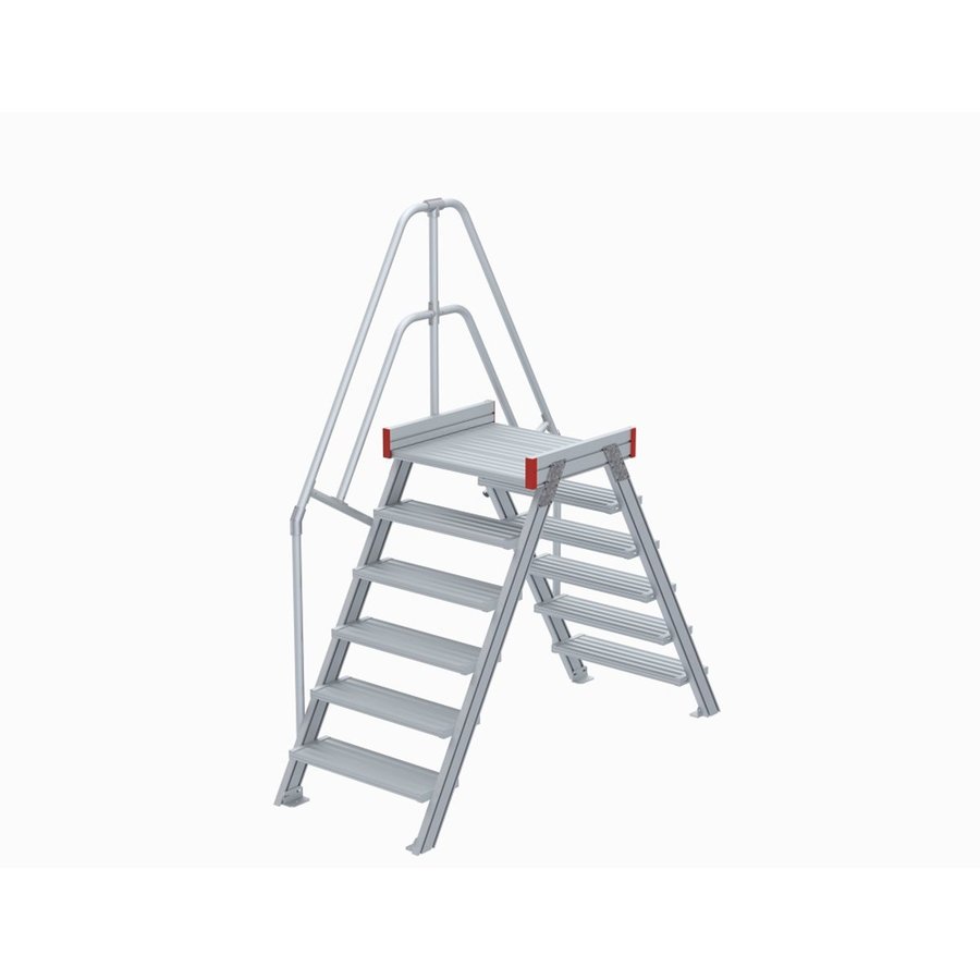 Euroline Überstieg 60 Grad, 600 mm Stufenbreite, 1 Treppen-/Podestgeländer, Stufenausführung Alu – gerieft 6 Stufen