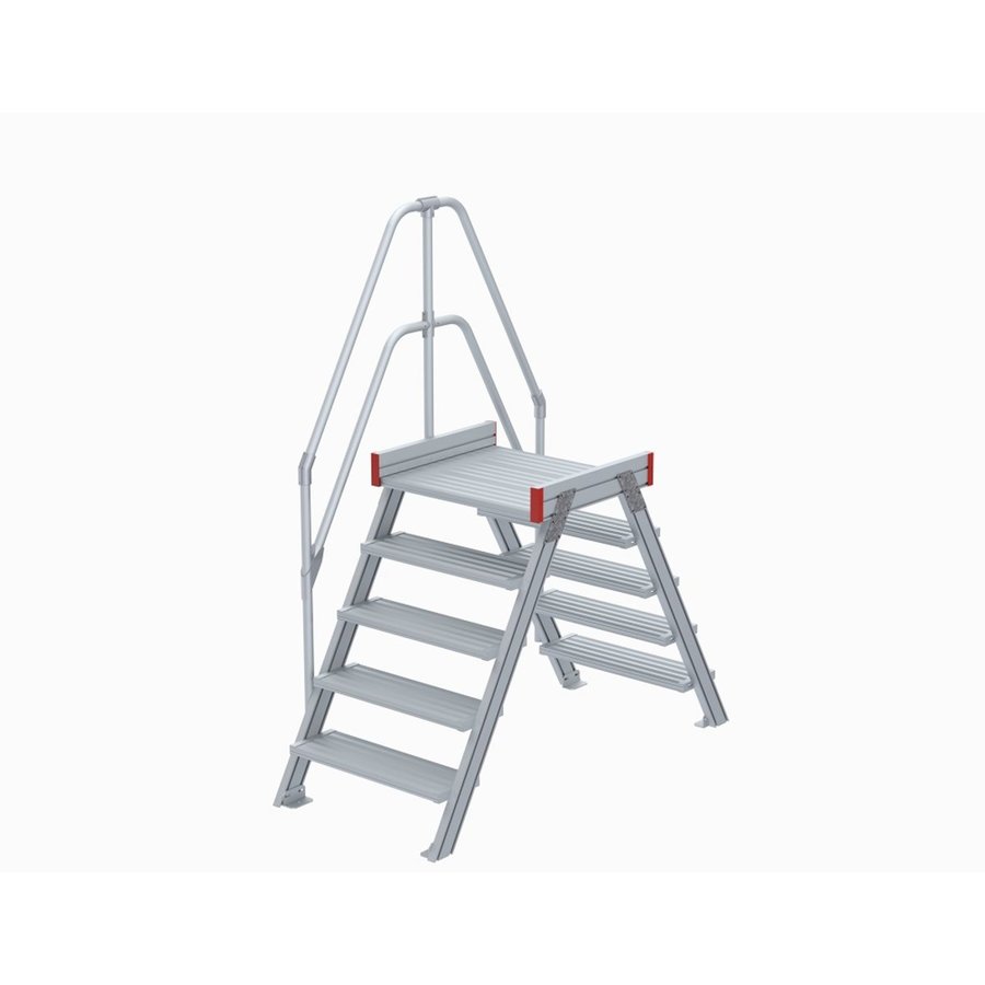 Euroline Überstieg 60 Grad, 600 mm Stufenbreite, 1 Treppen-/Podestgeländer, Stufenausführung Alu – gerieft 5 Stufen