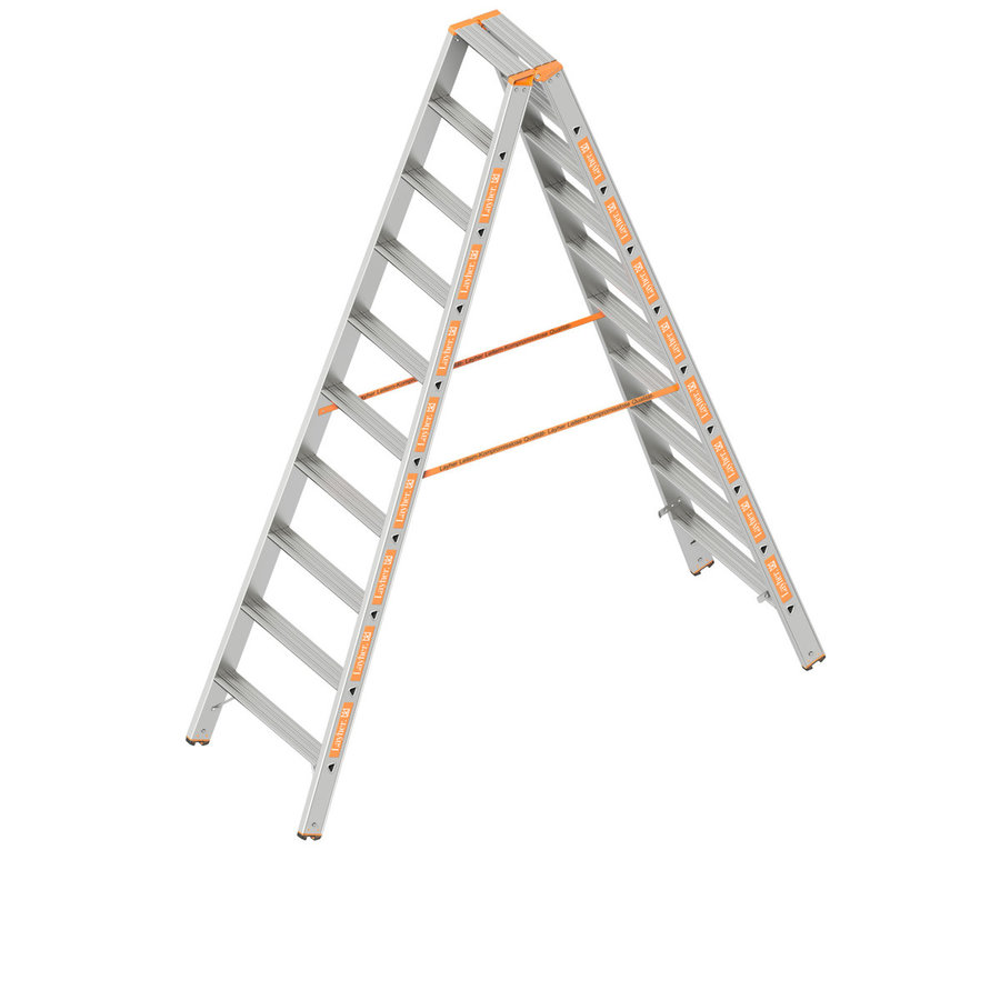 Layher Stufenstehleiter TOPIC 10 Stufen; Aluminiumleiter 2x10 Stufen 80 mm breit, beidseitig begehbar, klappbar, Länge 2.50 m