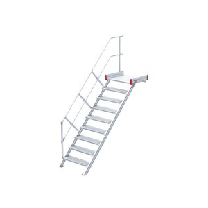 Euroline Podesttreppe 45 Grad, 800 mm Stufenbreite, 1 Treppen-/Podestgeländer, Stufenausführung Alu – gerieft