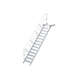 Euroline Podesttreppe 45 Grad, 800 mm Stufenbreite, 1 Treppen-/Podestgeländer, Stufenausführung Alu – gerieft