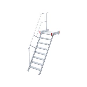 Euroline Podesttreppe 60 Grad, 800 mm Stufenbreite, 1 Treppen-/Podestgeländer, Stufenausführung Alu – gerieft