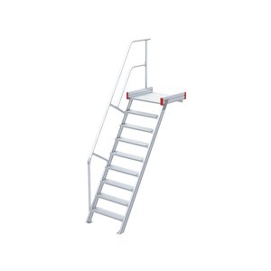 Euroline Podesttreppe 60 Grad, 800 mm Stufenbreite, 1 Treppen-/Podestgeländer, Stufenausführung Alu – gerieft